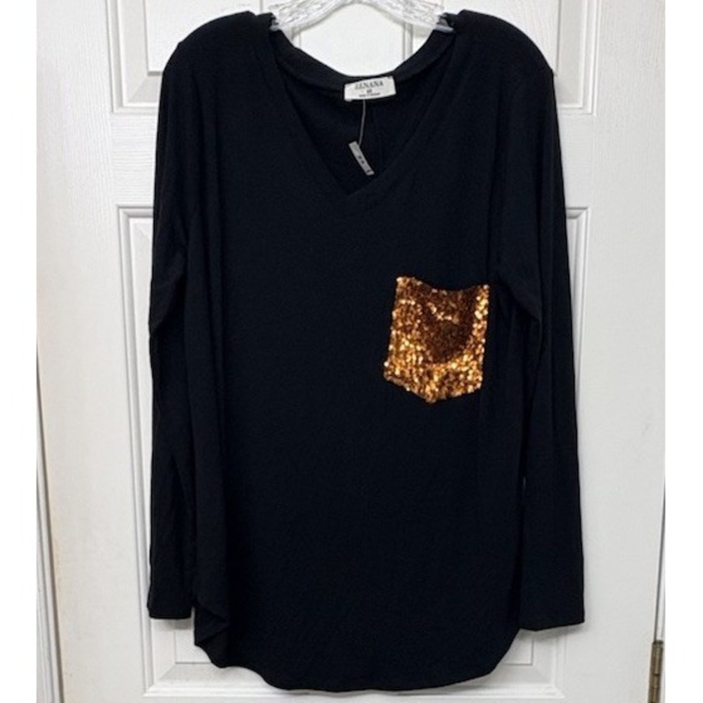 Zenana Plus Size 2X Black Long Sleeve V-Neck Top Orange Gold Sequin Pocket Tunic